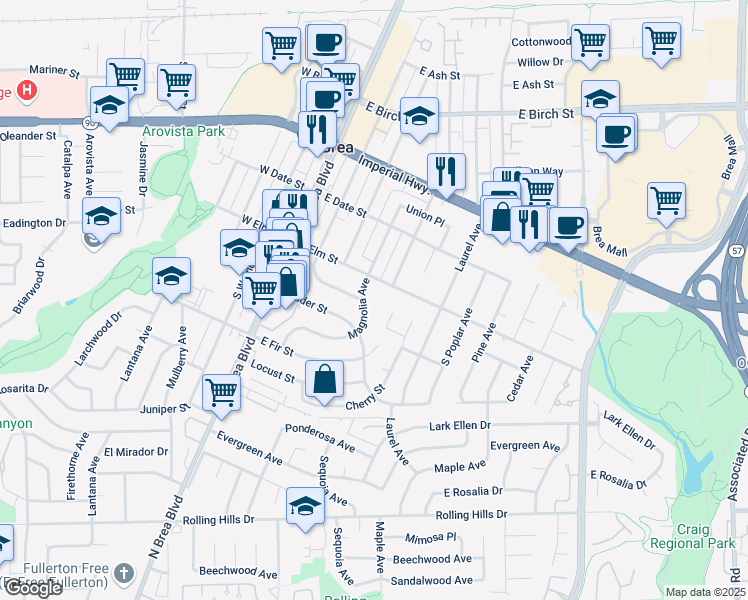 map of restaurants, bars, coffee shops, grocery stores, and more near 520 Magnolia Avenue in Brea