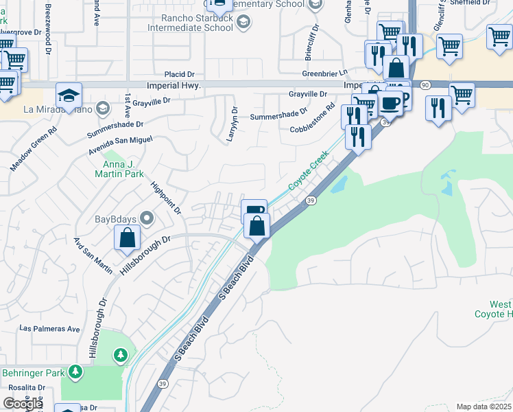 map of restaurants, bars, coffee shops, grocery stores, and more near 16501 Dundee Court in La Mirada