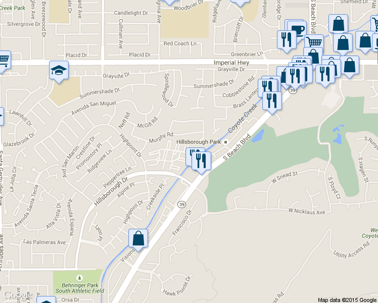map of restaurants, bars, coffee shops, grocery stores, and more near 16510 Greystone Drive in La Mirada