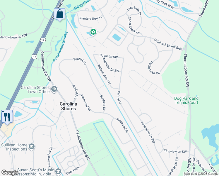 map of restaurants, bars, coffee shops, grocery stores, and more near 852 Watson Avenue Southwest in Calabash