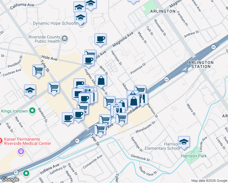 map of restaurants, bars, coffee shops, grocery stores, and more near 10039 Omar Street in Riverside
