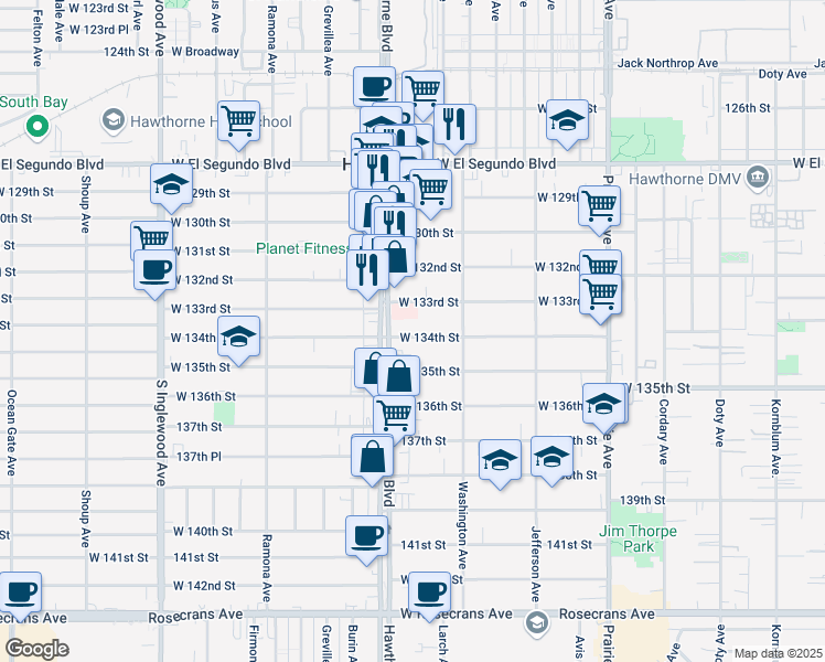 map of restaurants, bars, coffee shops, grocery stores, and more near 4387 West 134th Street in Hawthorne