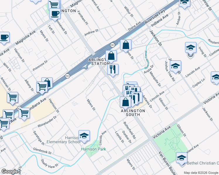 map of restaurants, bars, coffee shops, grocery stores, and more near 3100 Van Buren Boulevard in Riverside