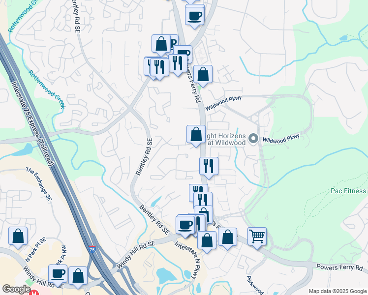 map of restaurants, bars, coffee shops, grocery stores, and more near 2930 Torreya Way Southeast in Marietta