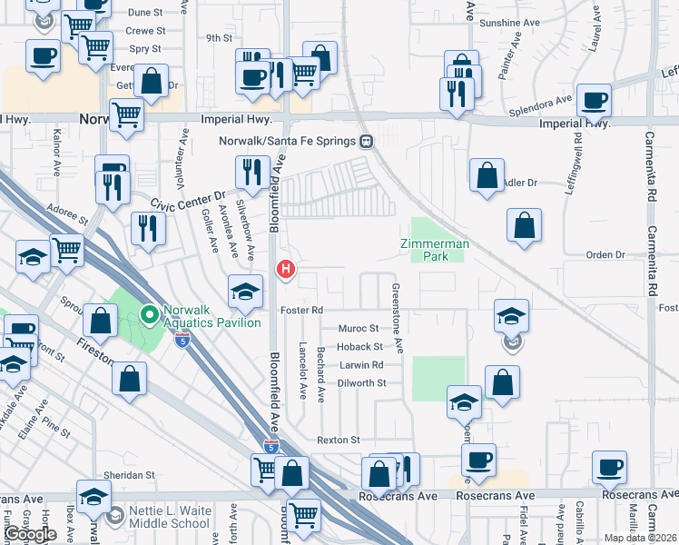 map of restaurants, bars, coffee shops, grocery stores, and more near 13201 Wilder Avenue in Norwalk