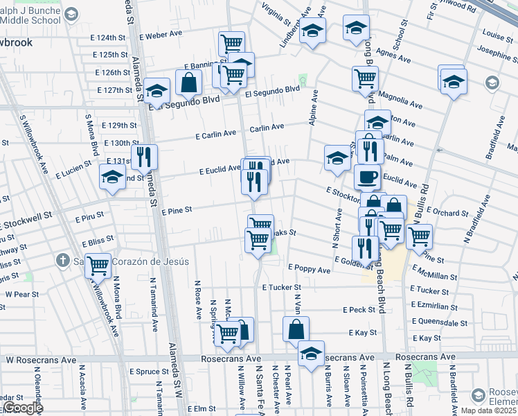 map of restaurants, bars, coffee shops, grocery stores, and more near 2006 North Santa Fe Avenue in Compton