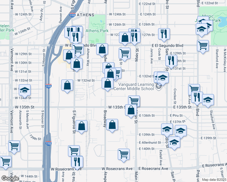 map of restaurants, bars, coffee shops, grocery stores, and more near 215 West 134th Street in Los Angeles