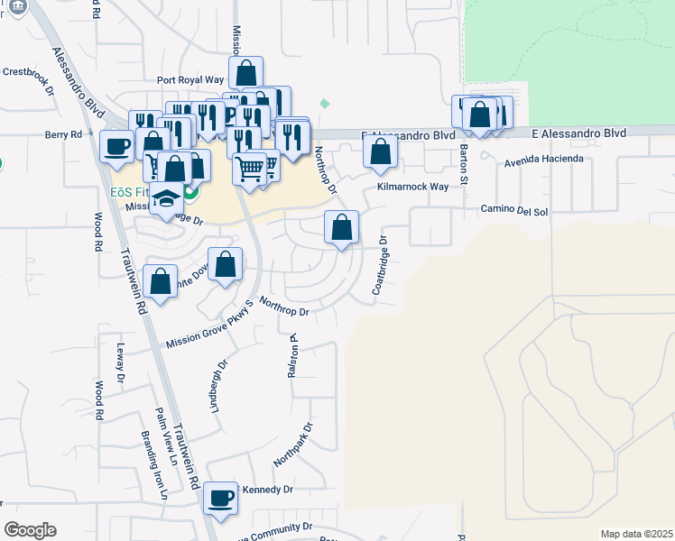 map of restaurants, bars, coffee shops, grocery stores, and more near 5260 Melbourne Place in Riverside