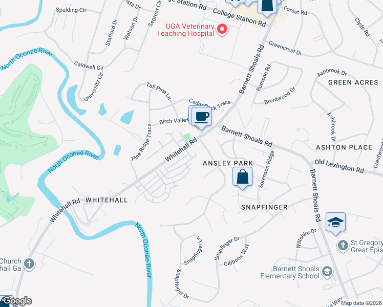 map of restaurants, bars, coffee shops, grocery stores, and more near 125 Water Wheel Way in Athens