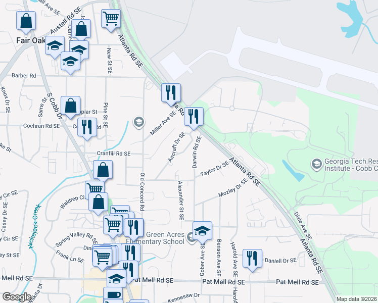 map of restaurants, bars, coffee shops, grocery stores, and more near 1717 Aircraft Drive Southeast in Marietta