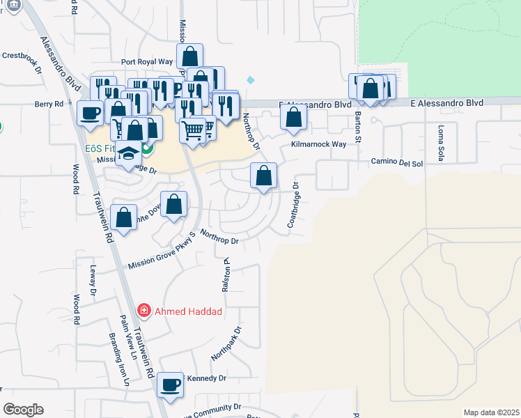 map of restaurants, bars, coffee shops, grocery stores, and more near 5260 Melbourne Place in Riverside