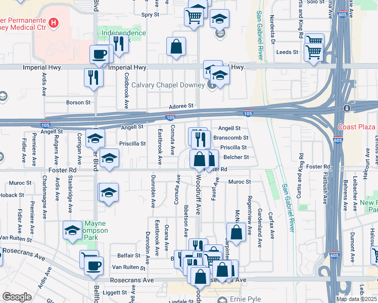map of restaurants, bars, coffee shops, grocery stores, and more near 13235 Woodruff Avenue in Downey