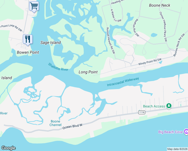 map of restaurants, bars, coffee shops, grocery stores, and more near 3899 Windy Point Rd SW in Brunswick