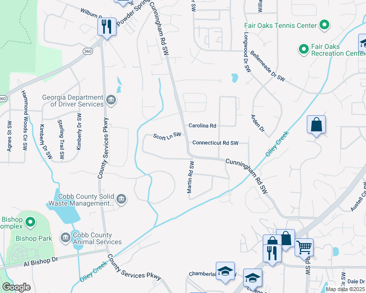 map of restaurants, bars, coffee shops, grocery stores, and more near 1698 Cunningham Road Southwest in Marietta