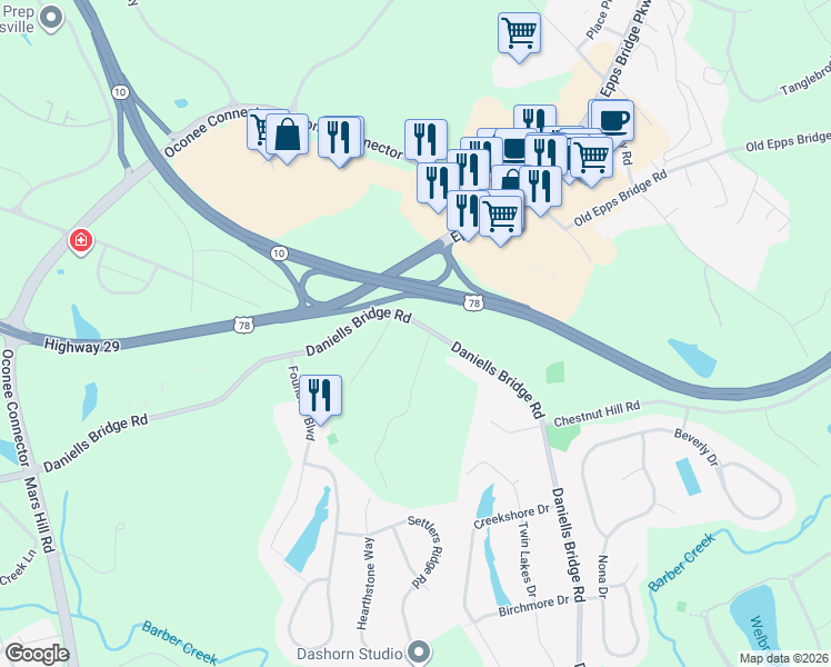 map of restaurants, bars, coffee shops, grocery stores, and more near 2161 Daniels Bridge Road in Athens
