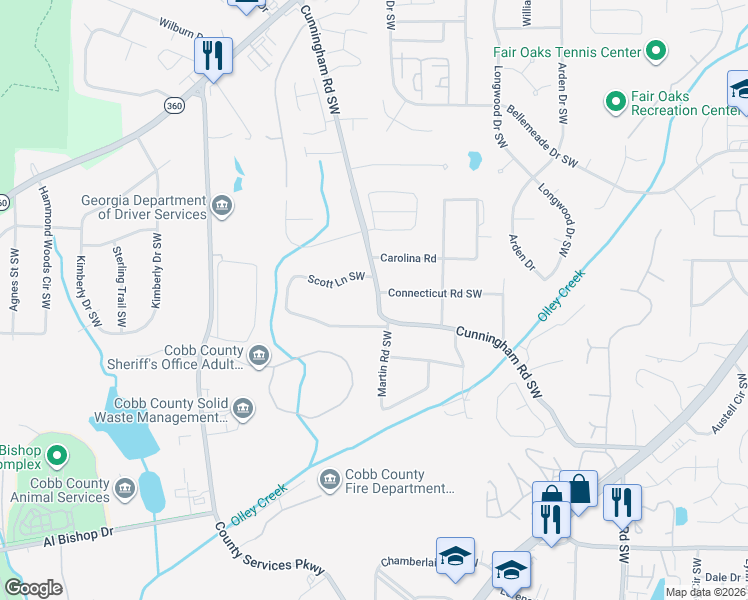 map of restaurants, bars, coffee shops, grocery stores, and more near 1705 Cunningham Road Southwest in Marietta
