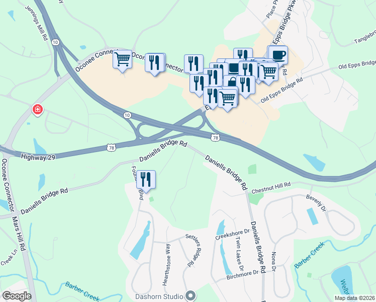 map of restaurants, bars, coffee shops, grocery stores, and more near 2161 Daniells Bridge Road in Athens