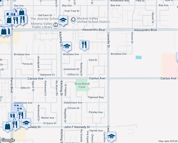 map of restaurants, bars, coffee shops, grocery stores, and more near 14483 Chantry Drive in Moreno Valley