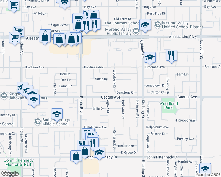 map of restaurants, bars, coffee shops, grocery stores, and more near 14490 Agave Street in Moreno Valley