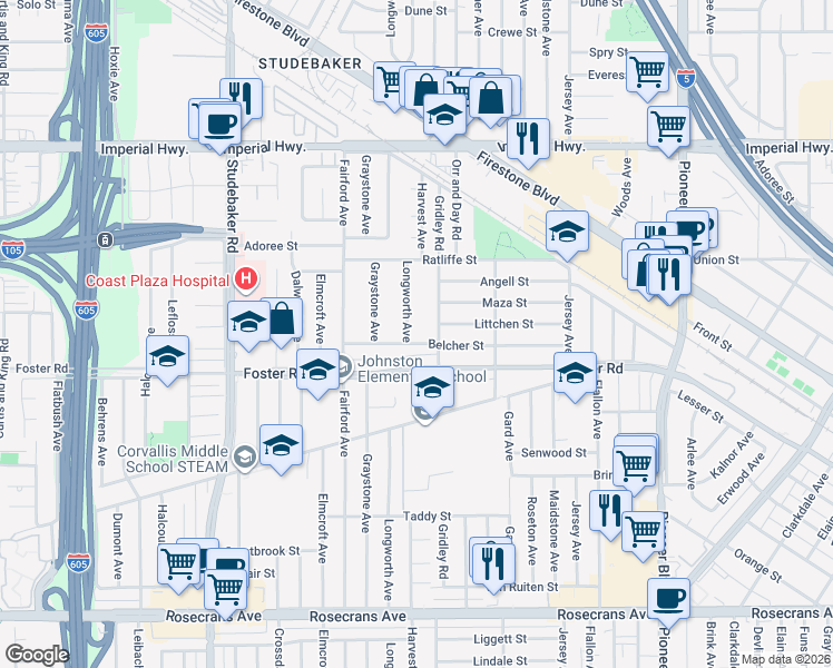 map of restaurants, bars, coffee shops, grocery stores, and more near 11308 Belcher Street in Norwalk