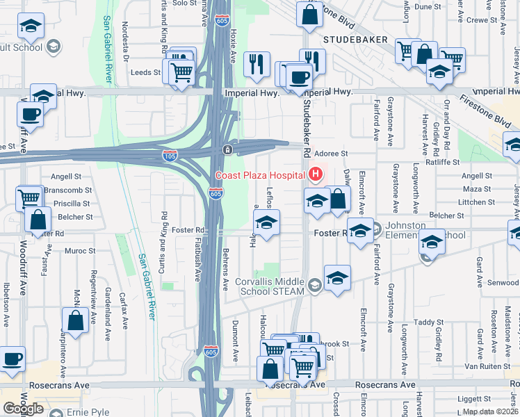 map of restaurants, bars, coffee shops, grocery stores, and more near 13313 Halcourt Avenue in Norwalk