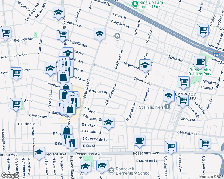 map of restaurants, bars, coffee shops, grocery stores, and more near 1712 East Orchard Street in Compton