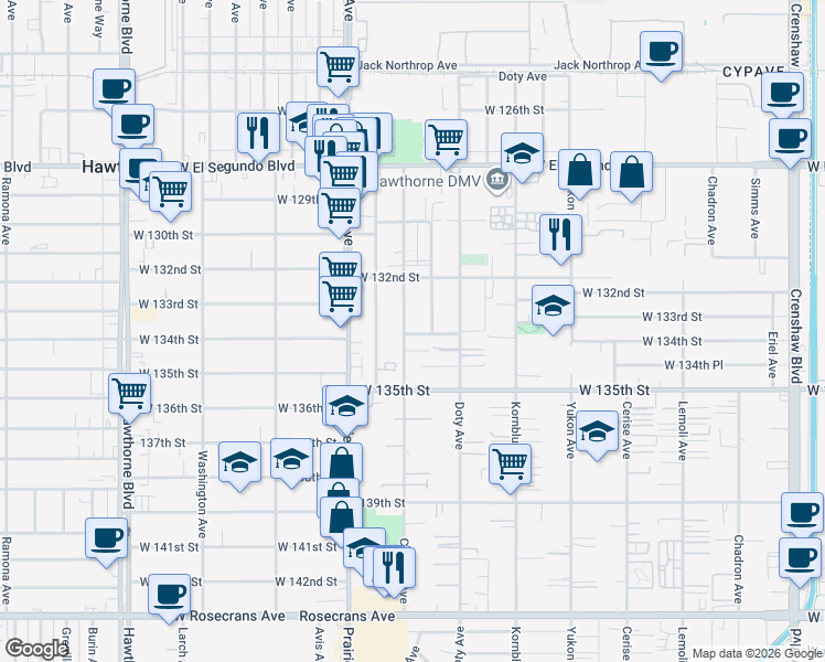 map of restaurants, bars, coffee shops, grocery stores, and more near 13400 Cordary Avenue in Hawthorne