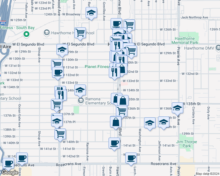 map of restaurants, bars, coffee shops, grocery stores, and more near 4470 West 134th Street in Hawthorne