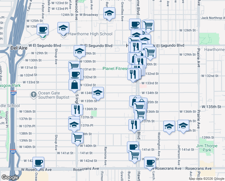 map of restaurants, bars, coffee shops, grocery stores, and more near 4552 West 134th Street in Hawthorne