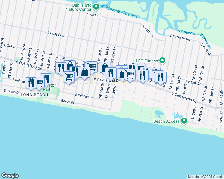map of restaurants, bars, coffee shops, grocery stores, and more near 105 Southeast 58th Street in Oak Island