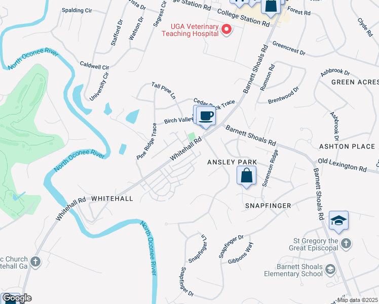 map of restaurants, bars, coffee shops, grocery stores, and more near 103 Center Park Lane in Athens