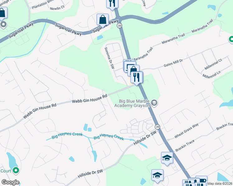 map of restaurants, bars, coffee shops, grocery stores, and more near 1410 Memory Way in Lawrenceville
