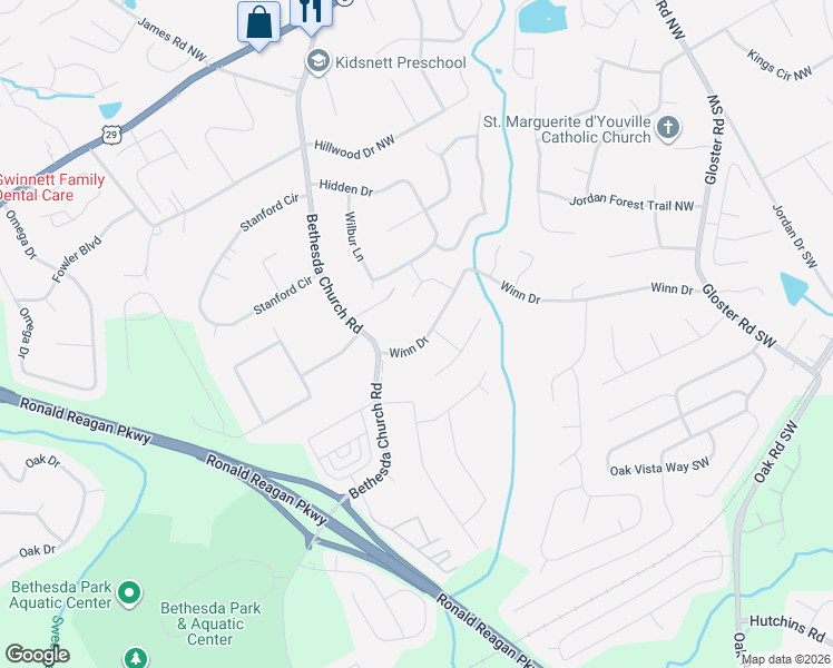 map of restaurants, bars, coffee shops, grocery stores, and more near 3120 Winn Drive in Lawrenceville