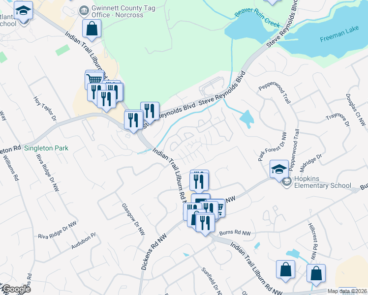 map of restaurants, bars, coffee shops, grocery stores, and more near 1086 Heathmoor Court in Norcross