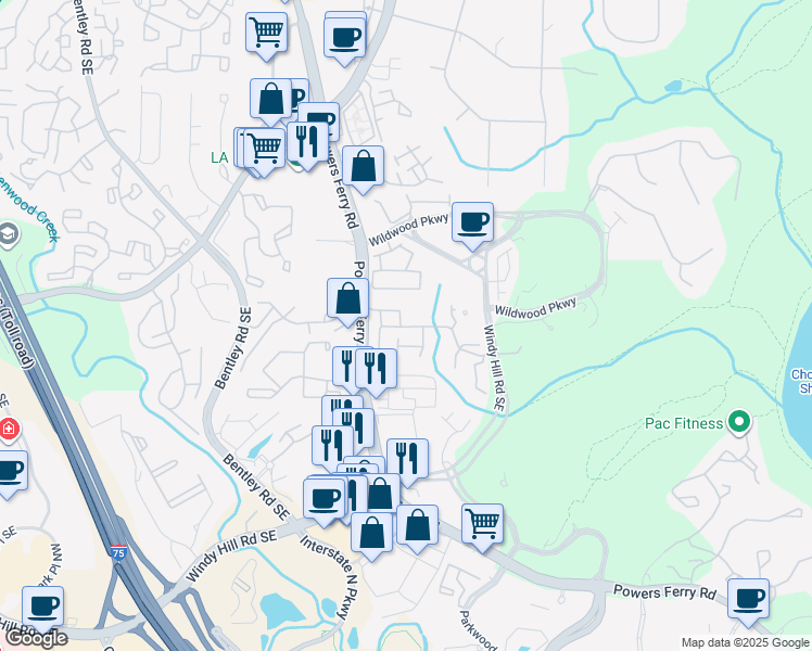 map of restaurants, bars, coffee shops, grocery stores, and more near 1658 Woodwalk Stream in Atlanta