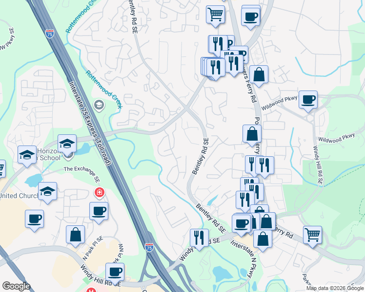 map of restaurants, bars, coffee shops, grocery stores, and more near 1681 Terrell Ridge Drive in Marietta