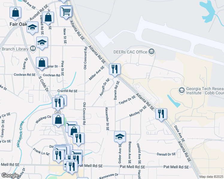map of restaurants, bars, coffee shops, grocery stores, and more near 1735 Darwin Road Southeast in Smyrna