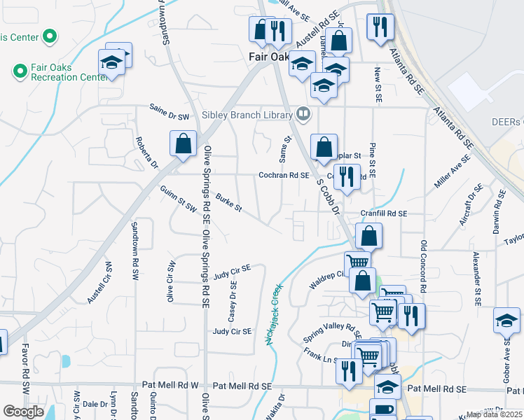 map of restaurants, bars, coffee shops, grocery stores, and more near 92 Burke Street in Marietta