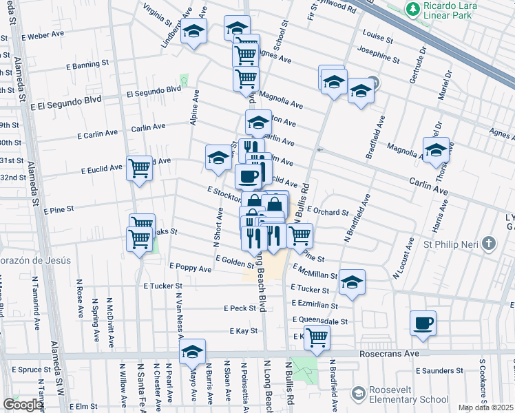 map of restaurants, bars, coffee shops, grocery stores, and more near East Stockton Street in Compton
