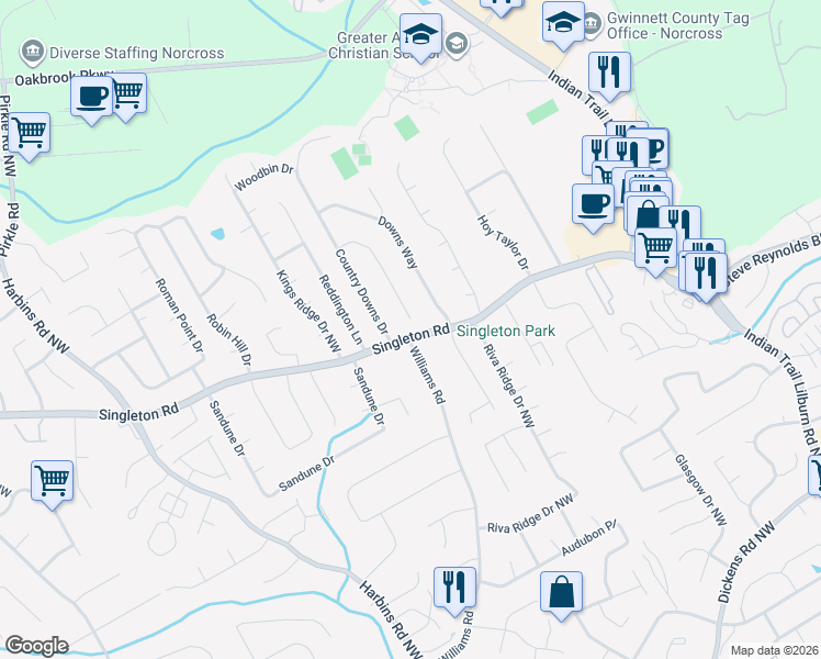 map of restaurants, bars, coffee shops, grocery stores, and more near 5111 Williams Road in Norcross