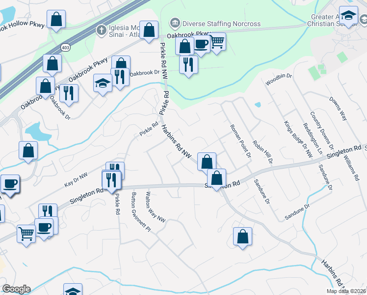 map of restaurants, bars, coffee shops, grocery stores, and more near 1462 Harbins Road Northwest in Norcross