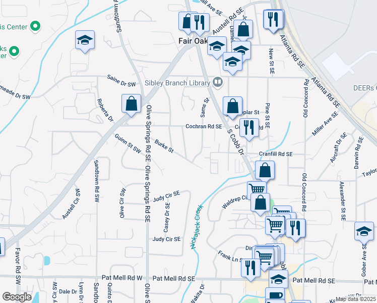 map of restaurants, bars, coffee shops, grocery stores, and more near 1723 Ritcherson Street Southeast in Marietta