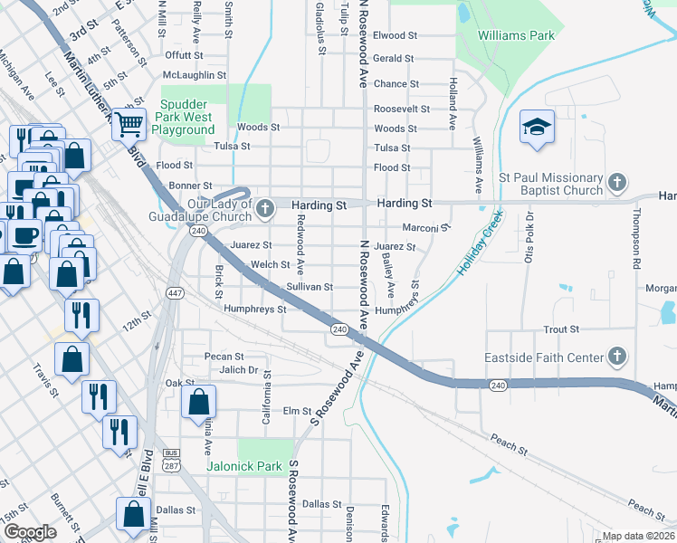 map of restaurants, bars, coffee shops, grocery stores, and more near 712 Sullivan Street in Wichita Falls