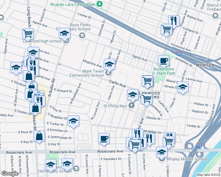 map of restaurants, bars, coffee shops, grocery stores, and more near 12425 Harris Avenue in Lynwood