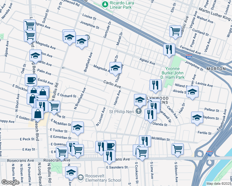 map of restaurants, bars, coffee shops, grocery stores, and more near 12507 Harris Avenue in Lynwood