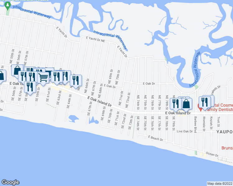 map of restaurants, bars, coffee shops, grocery stores, and more near 116 Northeast 70th Street in Oak Island