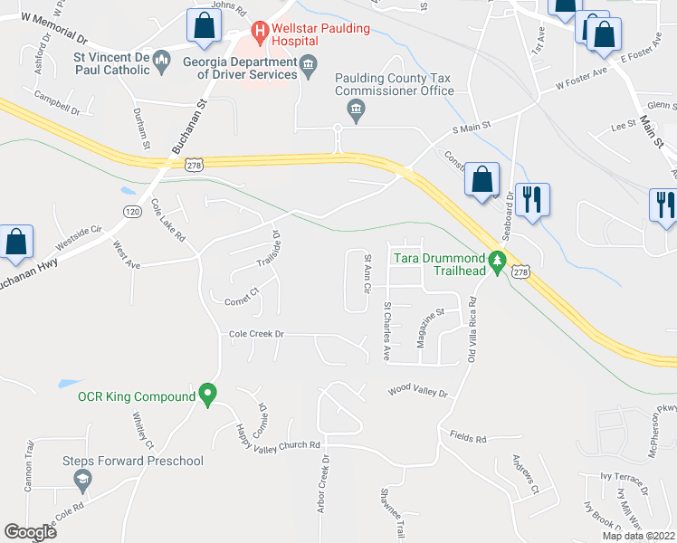 map of restaurants, bars, coffee shops, grocery stores, and more near 136 Saint Ann Circle in Dallas