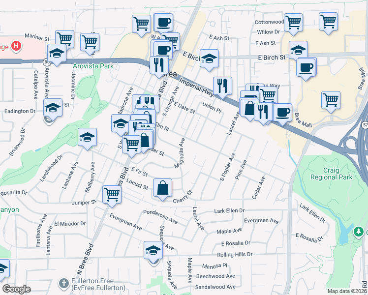 map of restaurants, bars, coffee shops, grocery stores, and more near 520 Magnolia Avenue in Brea