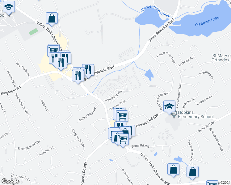 map of restaurants, bars, coffee shops, grocery stores, and more near 4858 Westridge Drive Northwest in Norcross