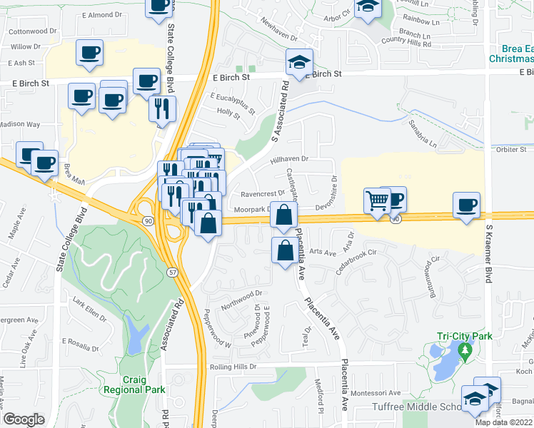 map of restaurants, bars, coffee shops, grocery stores, and more near 2911 Gingerwood Circle in Fullerton